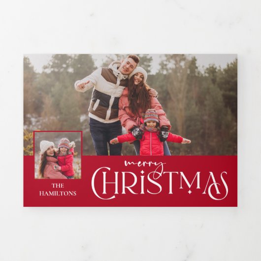 メリークリスマスタイポグラフィ数々の赤写真 三つ折りクリスマスカード (カバー)