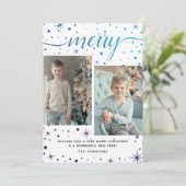 メリークリスマスタイポグラフィ紫+ティール(緑がかった色)2 – 写真 シーズンカード (スタンド正面)