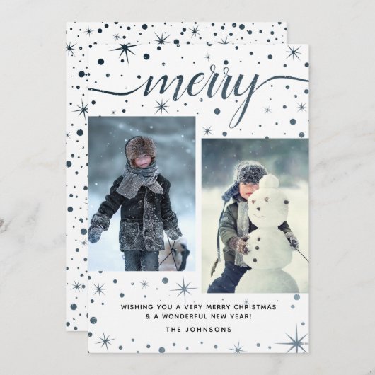 メリークリスマスタイポグラフィ紫+ティール(緑がかった色)2 – 写真 シーズンカード (正面/裏面)