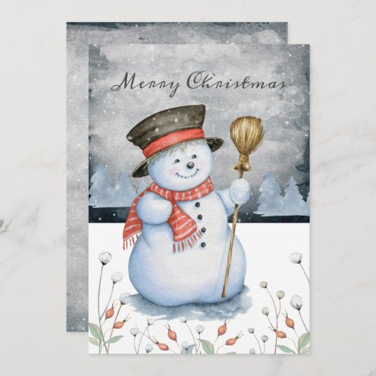 メリークリスマスタイポグラフィ雪だるま パーソナライズされた シーズンカード (正面/裏面)