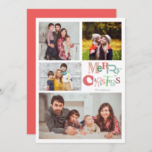 メリークリスマスタイポグラフィ4フォトコラージピンク 招待状 (正面/裏面)