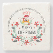メリークリスマスタイポグラフィ&クリスマスフクロウブーケ ストーンコースター (正面)