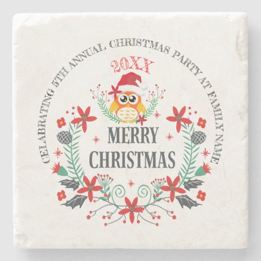 メリークリスマスタイポグラフィ&クリスマスフクロウブーケ ストーンコースター (正面)