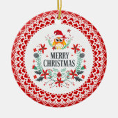 メリークリスマスタイポグラフィ&クリスマスフクロウリース セラミックオーナメント (正面)