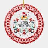 メリークリスマスタイポグラフィ&クリスマスフクロウリース セラミックオーナメント (裏面)
