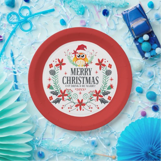 メリークリスマスタイポグラフィ&クリスマスフクロウリース ペーパープレート (パーティー)