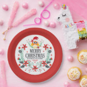 メリークリスマスタイポグラフィ&クリスマスフクロウリース ペーパープレート (パーティー)