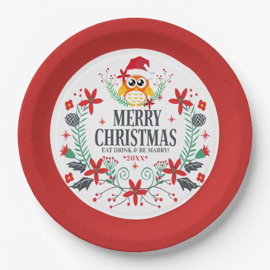 メリークリスマスタイポグラフィ&クリスマスフクロウリース ペーパープレート (正面)