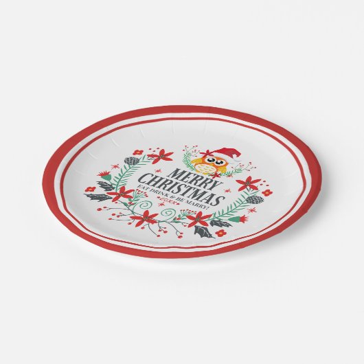 メリークリスマスタイポグラフィ&クリスマスフクロウリース ペーパープレート (アングル)