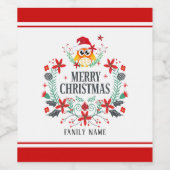 メリークリスマスタイポグラフィ&クリスマスフクロウリース ワインラベル (シングルラベル)