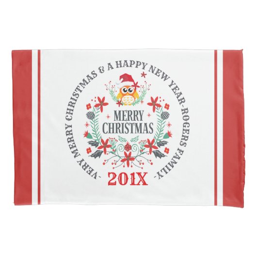 メリークリスマスタイポグラフィ&クリスマスフクロウリース 枕カバー (正面)