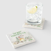 メリークリスマスタイポグラフィ&クリスマスブーケ ストーンコースター (横)