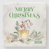 メリークリスマスタイポグラフィ&クリスマスブーケ ストーンコースター (正面)