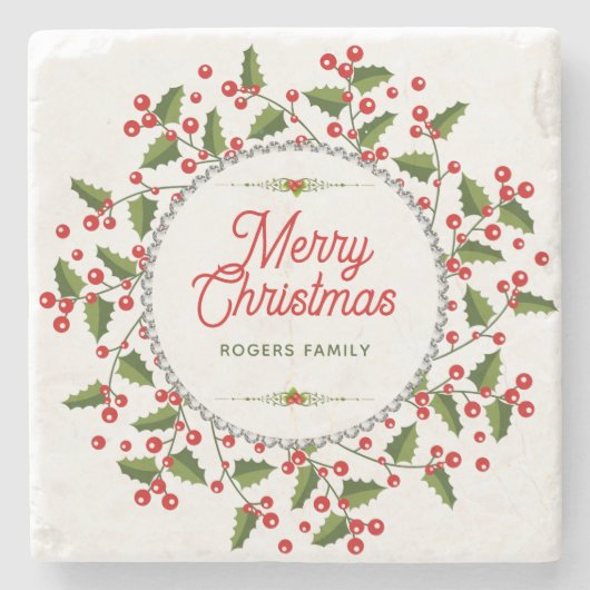 メリークリスマスタイポグラフィ&クリスマスリース ストーンコースター (正面)