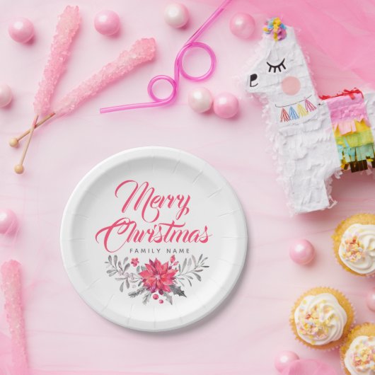 メリークリスマスタイポグラフィ&フローラブーケ ペーパープレート (パーティー)