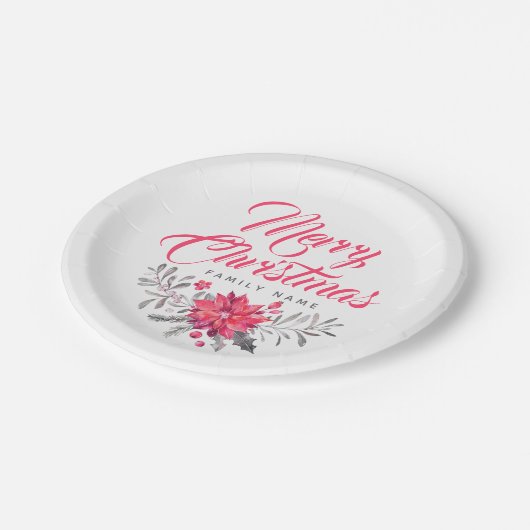 メリークリスマスタイポグラフィ&フローラブーケ ペーパープレート (アングル)