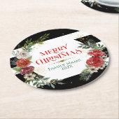 メリークリスマスタイポグラフィ&フローラリースコースター ラウンドペーパーコースター (アングル)