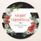 メリークリスマスタイポグラフィ&フローラリースコースター ラウンドペーパーコースター (正面)