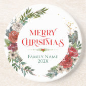 メリークリスマスタイポグラフィ&フローラリース コースター (正面)