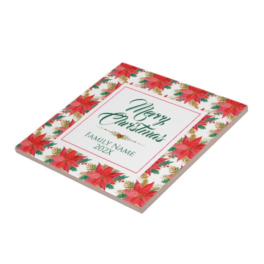 メリークリスマスタイポグラフィ&ポインセチア模様 タイル (側面)
