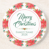 メリークリスマスタイポグラフィ&ポインセティアパターン コースター (正面)