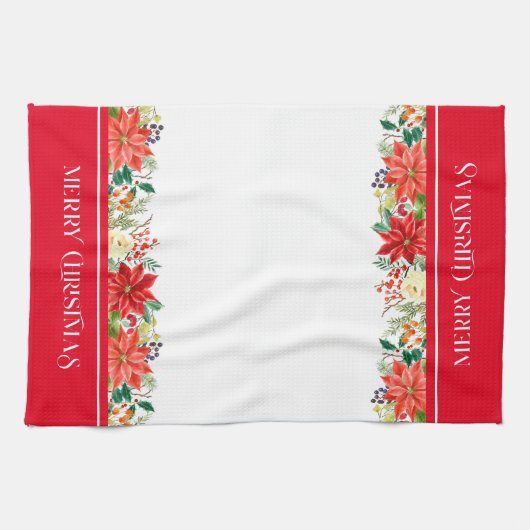 メリークリスマスタイポグラフィ&ポインセテ縁どィア キッチンタオル (横)