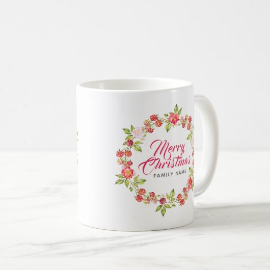 メリークリスマスタイポグラフィ&レッドベリーリース コーヒーマグカップ (正面右)