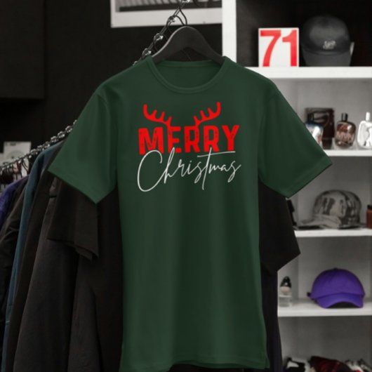 メリークリスマスタイポグラフィ〔雄ジカの〕枝角 Tシャツ