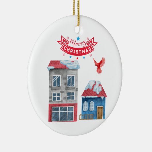 メリークリスマスタウン建物赤（鳥）ショウジョウコウカンチョウ鳥 セラミックオーナメント (右)