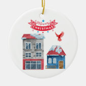 メリークリスマスタウン建物赤（鳥）ショウジョウコウカンチョウ鳥 セラミックオーナメント (正面)