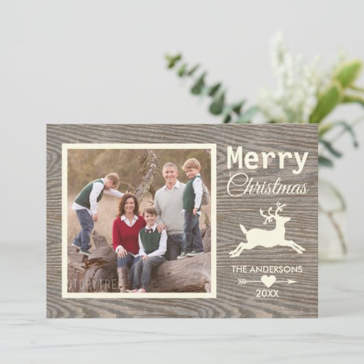 メリークリスマスタン素朴ウッド家族写真 シーズンカード (スタンド正面)