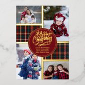 メリークリスマスタータンチェックプレイド4フォトレッドと金ゴールド 箔シーズンカード (正面)