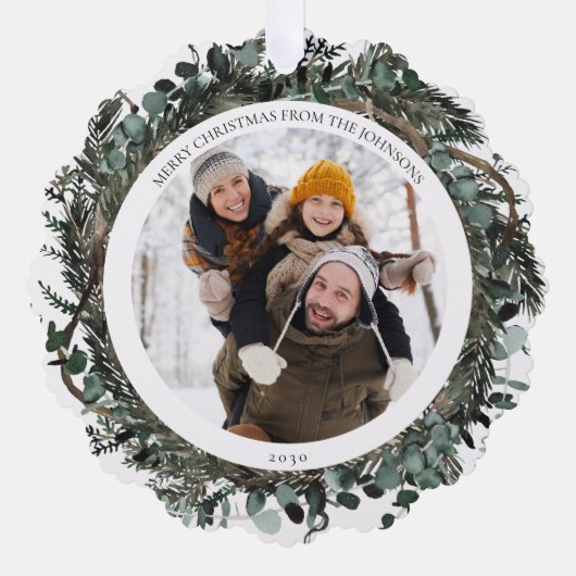 メリークリスマスダスティ冬の緑の写真リース オーナメントカード (正面)