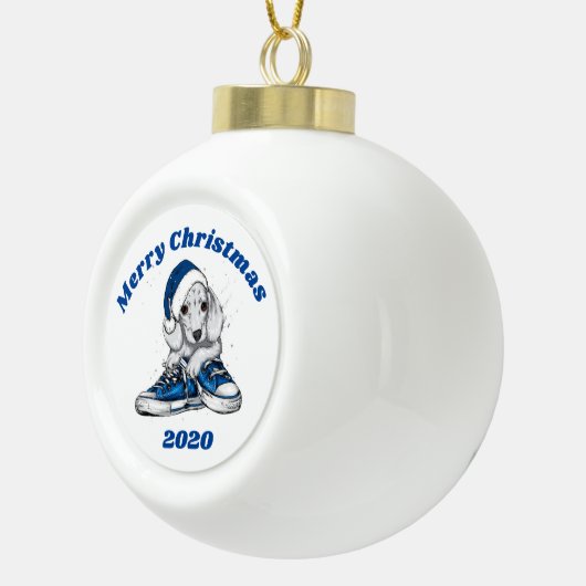 メリークリスマスダックスシャント子犬 セラミックボールオーナメント (右)