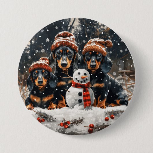 メリークリスマスダックスシャンドドッグス雪だるま 缶バッジ (正面)