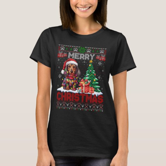 メリークリスマスダッシュント犬の恋人ファミリー醜いXm Tシャツ (正面)