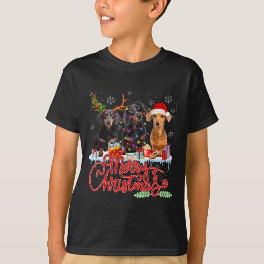 メリークリスマスダッシュント犬サンタ・トナカイLigh Tシャツ (正面)