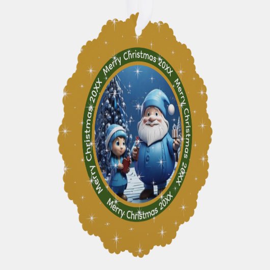 メリークリスマスダークイエローブルーサンタクロース写真 オーナメントカード (右)