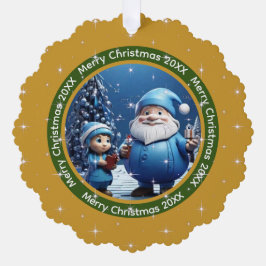 メリークリスマスダークイエローブルーサンタクロース写真 オーナメントカード