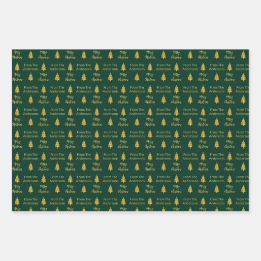 メリークリスマスダークグリーンと金ゴールド名の木 ラッピングペーパーシート (正面3)