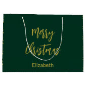 メリークリスマスダークグリーンと金ゴールド名の木 ラージペーパーバッグ (裏面)