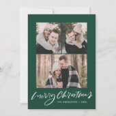 メリークリスマスダークグリーンスクリプト3フォトコラージュ シーズンカード (正面)