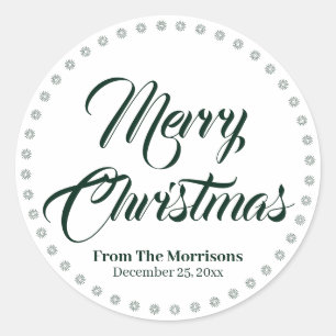 メリークリスマスダークグリーン白カスタム文字 ラウンドシール