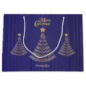 メリークリスマスダークブルーと金ゴールドツリー ラージペーパーバッグ (正面)