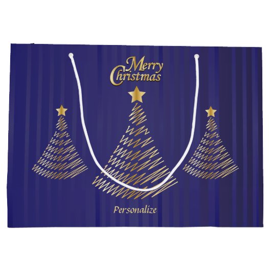 メリークリスマスダークブルーと金ゴールドツリー ラージペーパーバッグ (裏面)