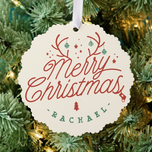 メリークリスマスチェックのプレイドパーソナライズされたトナカイ オーナメントカード (インサイチュ (木))