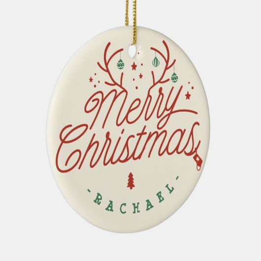 メリークリスマスチェックのプレイドパーソナライズされたトナカイ セラミックオーナメント (右)