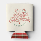メリークリスマスチェックのプレイドパーソナライズされたトナカイ 缶クーラー (裏面)