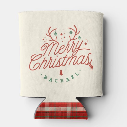 メリークリスマスチェックのプレイドパーソナライズされたトナカイ 缶クーラー (裏面)