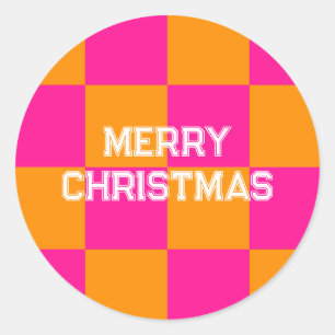 メリークリスマスチェック熱ピンクオレンジ ラウンドシール